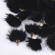 Faux Mink Fur Tassel Pendant Decorations, with Alloy Findings, Antique Golden, Black, 20~30x28~30mm, Hole: 1.8mm(FIND-S300-37A)