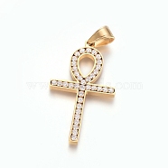 Ion Plating(IP) 304 Stainless Steel Pendants, with Crystal Rhinestone, Religion, Ankh Cross, Golden, 44.5x25x3.5mm, Hole: 5.5x7.5mm(X-STAS-E485-06G)