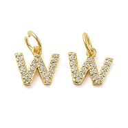 Brass Micro Pave Cubic Zirconia Pendants, with Jump Ring, Letter W, 8~9x4.5~9.5x1.5mm, Hole: 3.6mm(KK-M273-02G-W)