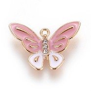 Zinc Alloy Pendants, with Enamel and Rhinestone, Butterfly, Light Gold, Pink, 18x25.5x3.5mm, Hole: 1mm(ENAM-P163-19B)