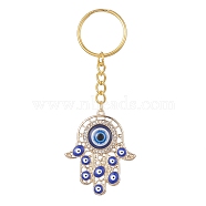 Hamsa Hand/Hand of Miriam with Evil Eye Alloy Enamel & Rhinestone Keychain, with Iron Split Key Rings, Golden, 9.5cm(KEYC-JKC00479)