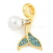 Rack Plating Alloy Pave Rhinestone Fishtail European Dangle Charms, Large Hole Pendants, Golden, with ABS Plastic Imitation Pearl, Cadmium Free & Nickel Free & Lead Free, Indicolite, 28mm, Hole: 5mm, Fishtail: 17.5x14x2mm(FIND-B034-22G-02)