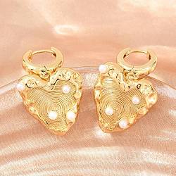 Brass Dangle Hoop Earrings, Heart, with ABS Plastic Imitation Pearl, Lead Free & Cadmium Free, Long-Lasting Plated, Rack Plating, Real 18K Gold Plated, 40x22mm(EJEW-G471-49G)