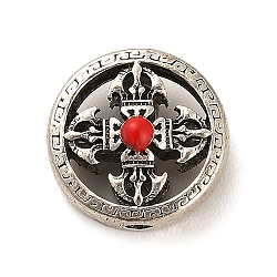 Zinc Alloy Beads, with Enamel, Antique Silver, Flat Round with Cross, Cerise, 16x8mm, Hole: 2.2mm(FIND-Q093-01AS-04)