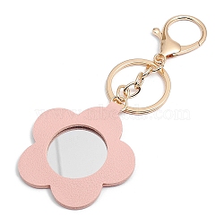 PU Leather Flower Mirror Keychain, for Women Ladies, with Light Gold Tone Alloy Keychain, Pink, Flower: 5x5cm(PW-WG16012-02)