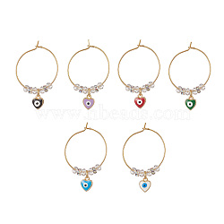 Evil Eye Heart Brass Enamel Pendants Wine Glass Charms Sets, with Brass Hoop Earrings Findings, Brass Rhinestone Spacer Beads, Mixed Color, 42mm, 6pcs/set(AJEW-JO00176)