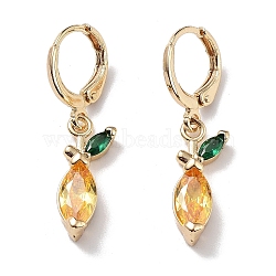 Real 18K Gold Plated Brass Dangle Leverback Earrings, with Cubic Zirconia and Glass, Leaf, Gold, 32x7mm(EJEW-L269-039G)