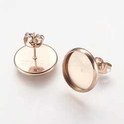 Ion Plating(IP) 304 Stainless Steel Stud Earrings Settings, Flat Round, Rose Gold, Tray: 12mm, 13x14mm, Pin: 0.9mm(STAS-G170-10RG)