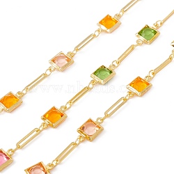 Handmade Brass Oval & Square Link Chain, with Glass Beaded, Real 18K Gold Plated, Lead Free & Cadmium Free, Soldered, with Spool, Colorful, 12x6.5x2.5mm, 10x2.5x0.5mm(CHC-E025-42G)