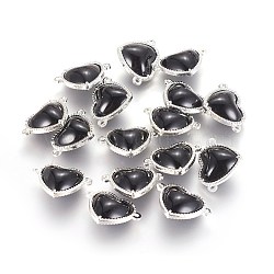 Glass Links connectors, with Eco-Friendly Alloy Findings, Heart, Silver Color Plated, Black, 14x18.5x7mm, Hole: 1.2mm(GLAA-I041-04S)
