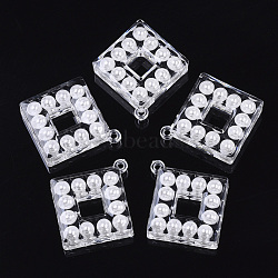 Transparent Acrylic Pendants, with ABS Plastic Imitation Pearl, Rhombus, White, 42x38x9mm, Hole: 2mm(X-TACR-R146-009)