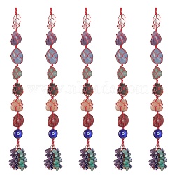 7 Chakra Nuggets Natural Gemstone Pocket Pendant Decorations, Nylon Thread and Gemstone Chip Tassel Hanging Ornaments, Red, 340x22mm(HJEW-JM01049-04)