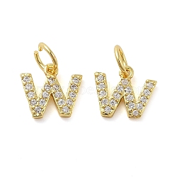 Brass Micro Pave Cubic Zirconia Pendants, with Jump Ring, Letter W, 8.5x9.5x1.5mm, Hole: 3.6mm(KK-M273-02G-W)