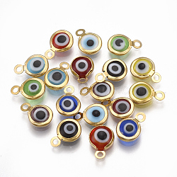 Handmade Lampwork Charms, with 304 Stainless Steel Findings, Flat Round with Evil Eye, Mixed Color, 9.5x6.5x2.5mm, Hole: 1.5mm(STAS-T041-01G)