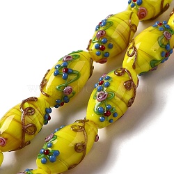 Handmade Lampwork Beads, Rice wit Flower, Yellow, 23x12~13mm, Hole: 1.6mm(LAMP-J089-D04-A)