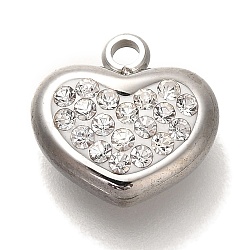 304 Stainless Steel Charms, with Polymer Clay Crystal Rhinestone, Stainless Steel Color, Heart, 10x11x4.5mm, Hole: 1.4mm(STAS-P371-069P-02)