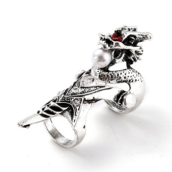 Alloy Rhinestones Finger Rings for Men, Wide Band Rings, Dragon with Imitation Pearl, Antique Silver, Garnet, Inner Diameter: 17mm and 20mm, 67x29x38mm