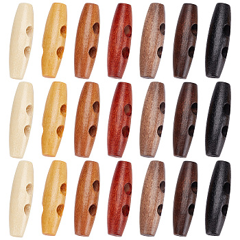 70pcs 7 style Natural Wood Buttons, Horn Toggle Buttons, 2-Hole, for Sewing Accessories, Mixed Color, 40x11mm and 40x12mm, Hole: 6mm, 10pcs/style