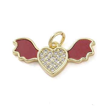 Dyed Synthetic Turquoise Pendants, Brass Micro Pave Clear Cubic Zirconia Heart with Wings Charms, Real 18K Gold Plated, FireBrick, 10x20.5x2.5mm, Hole: 2.7mm