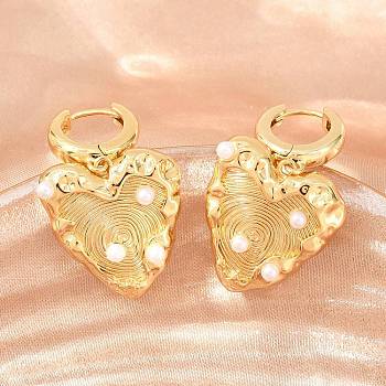 Brass Dangle Hoop Earrings, Heart, with ABS Plastic Imitation Pearl, Lead Free & Cadmium Free, Long-Lasting Plated, Rack Plating, Real 18K Gold Plated, 40x22mm