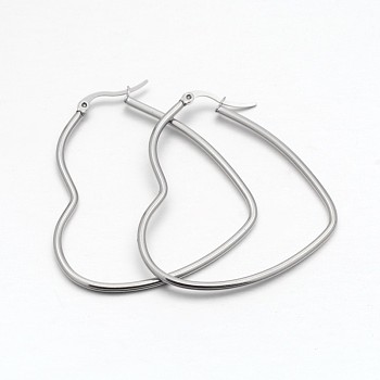 304 Stainless Steel Hoop Earring, Hypoallergenic Earrings, Heart, Stainless Steel Color, 51x46x2mm, 12 Gauge, Pin: 1x0.6mm