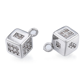 Brass Micro Pave Clear Cubic Zirconia Charms, Cadmium Free & Nickel Free & Lead Free, Dice, Real Platinum Plated, 10x8x8mm, Hole: 1.2mm