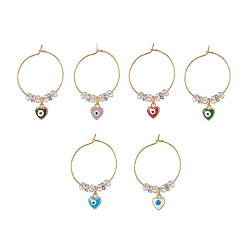 Evil Eye Heart Brass Enamel Pendants Wine Glass Charms Sets, with Brass Hoop Earrings Findings, Brass Rhinestone Spacer Beads, Mixed Color, 42mm, 6pcs/set