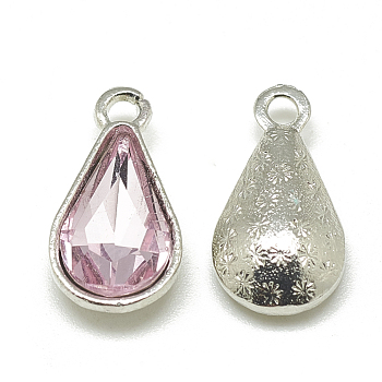 Alloy Glass Pendants, Faceted, teardrop, Platinum, Pearl Pink, 18x10x5mm, Hole: 2mm