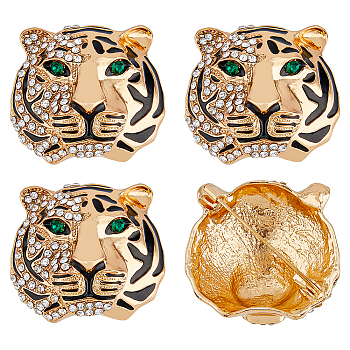 3Pcs Rhinestone Tiger Head Brooch Pin, Golden Alloy Badge for Backpack Clothes, Emerald, 32x35x16mm, Pin: 0.8mm