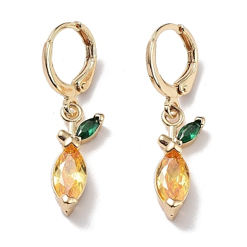 Real 18K Gold Plated Brass Dangle Leverback Earrings, with Cubic Zirconia and Glass, Leaf, Gold, 32x7mm