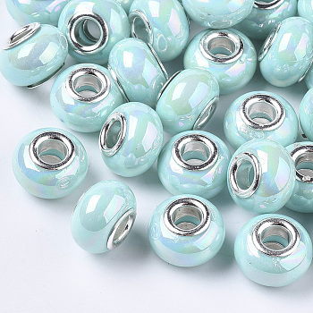 Opaque Resin European Beads, Large Hole Beads, Imitation Porcelain, with Platinum Tone Brass Double Cores, AB Color, Rondelle, Cyan, 14x9mm, Hole: 5mm