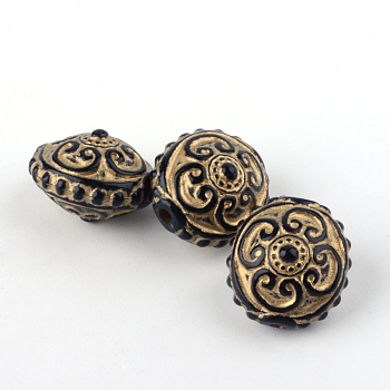 Flat Round Plating Acrylic Beads, Golden Metal Enlaced, Black, 14.5x12mm, Hole: 1mm