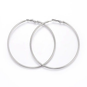 201 Stainless Steel Hoop Earrings, Hypoallergenic Earrings, Ring Shape, Stainless Steel Color, 12 Gauge, 69x69x2mm, Pin: 1mm