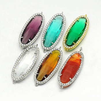 Mixed Brass Micro Pave Cubic Zirconia Links, Oval, Cadmium Free & Lead Free, Mixed Color, 38x14x6mm, Hole: 1mm