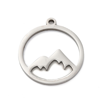 Anti-Tarnish 201 Stainless Steel Pendants, Ring with Mountain Charm, Stainless Steel Color, 28x25x1.5mm, Hole: 2mm