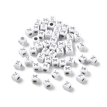 Opaque Acrylic Beads, Square with Letter, Silver Metal Enlaced, Letter X, 5x5x5mm, Hole: 2mm, about 5000ocs