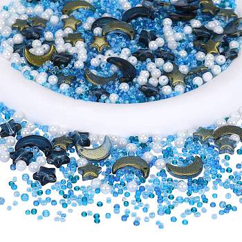 2 Bag Glass & Seed Beads, with Glitter Powder, Imitation Pearl & Transparent & Inside Colours, Moon & Star & Round, Marine Blue, 2~16x2~11.5mm, Hole: 0.8~1.2mm