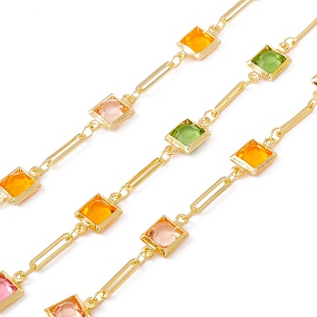 Handmade Brass Oval & Square Link Chain, with Glass Beaded, Real 18K Gold Plated, Lead Free & Cadmium Free, Soldered, with Spool, Colorful, 12x6.5x2.5mm, 10x2.5x0.5mm