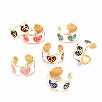 Brass Enamel Cuff Rings, Open Rings, Cadmium Free & Nickel Free & Lead Free, Heart, Real 16K Gold Plated, Mixed Color, US Size 7 3/4(17.9mm)