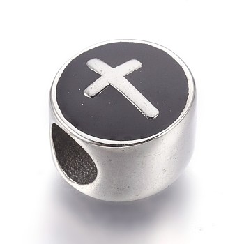 304 Stainless Steel European Beads, with Enamel, Large Hole Beads, Flat Round with Cross, Stainless Steel Color, 11x8mm, Hole: 5mm