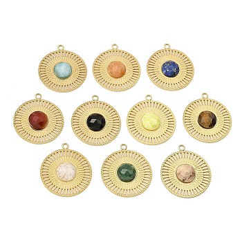 Natural Mixed Gemstone Faceted Pendants, Ion Plating(IP) 316 Stainless Steel Sun Charms, Real 24K Gold Plated, 24.5x21.5x3.5mm, Hole: 1.8mm