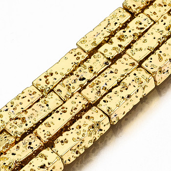 Electroplated Natural Lava Rock Beads Strands, Cuboid, Bumpy, Golden Plated, 12.5x4x4mm, Hole: 1mm, about 32pcs/strand, 15.75 inch(40cm)