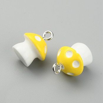 Opaque Resin Pendants, with Platinum Tone Alloy Loops, Mushroom Charm with Polka Dot Pattern, Yellow, 15x11mm, Hole: 2mm