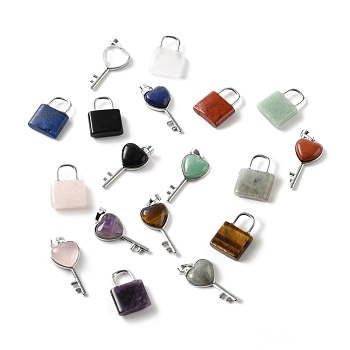 Natural Mixed Gemstone Pendants, with Platinum Tone Brass Findings, Key & Lock, 27~36.5x17~19.5x6.5~7mm, Hole: 8~9x5~9mm