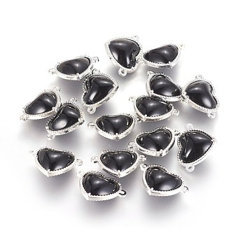 Glass Links connectors, with Eco-Friendly Alloy Findings, Heart, Silver Color Plated, Black, 14x18.5x7mm, Hole: 1.2mm