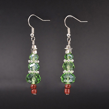 Christmas Glass Beads Dangle Earrings, with Tibetan Style Star Findings, Glass Seed Beads and Brass Earring Hooks, Light Green, 53mm, Pin: 0.6mm