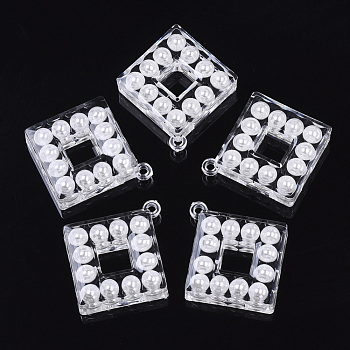 Transparent Acrylic Pendants, with ABS Plastic Imitation Pearl, Rhombus, White, 42x38x9mm, Hole: 2mm