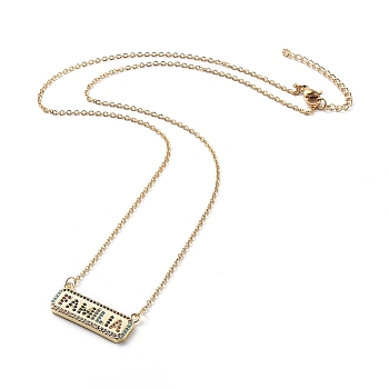 304 Stainless Steel Chain Necklaces, with Brass Micro Pave Cubic Zirconia Pendants, Rectangle and Word Familia, Golden, 18.8 inch(47.8cm)