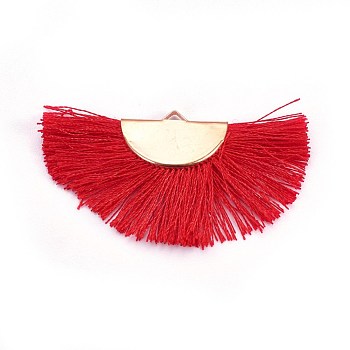 Polyester Tassel Pendant Decorations, Fan Shaped, Golden, Red, 24.5~28x44~53x3mm, Hole: 3x1.5mm