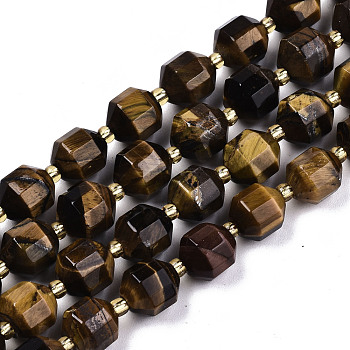 Natural Tiger Eye Beads Strands, Faceted, Round, 10x9.5mm, Hole: 1.2mm, Bead: 3.5x2mm, about 32~33pcs/strand, 15.16 inch(38.5cm)